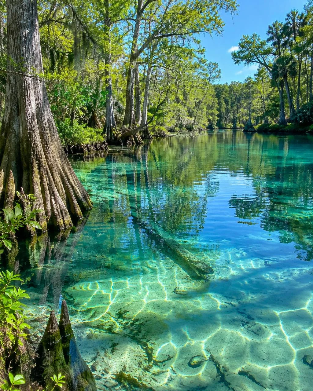Clear turquoise spring among Citrus County cypress trees