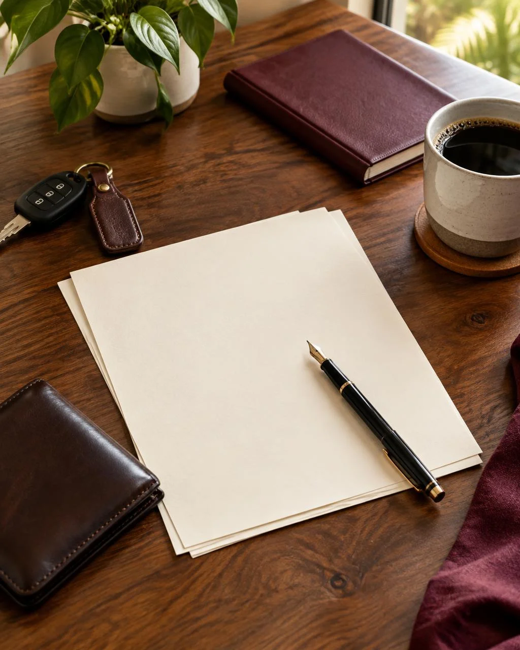 Unsigned papers, wallet, pen and keys ready for a notary visit