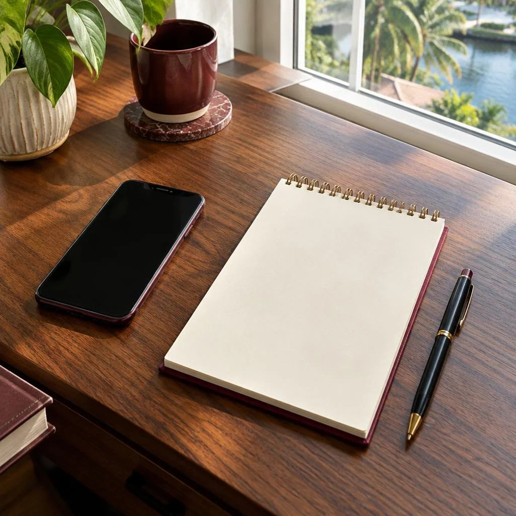 Phone and notepad on a sunlit desk