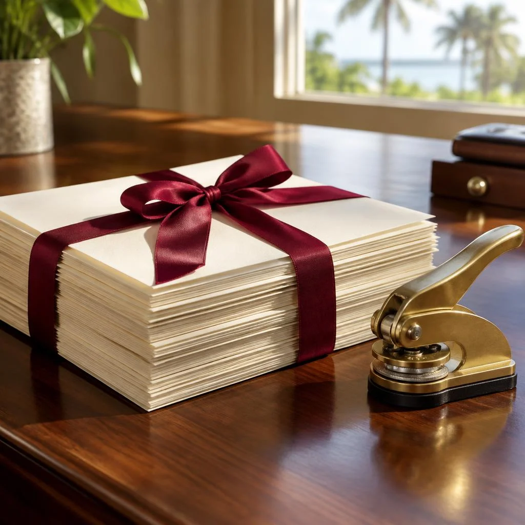 Cream documents tied with burgundy ribbon beside an embosser