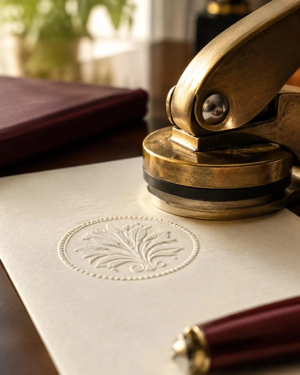 Brass embosser pressing a raised seal into cream paper