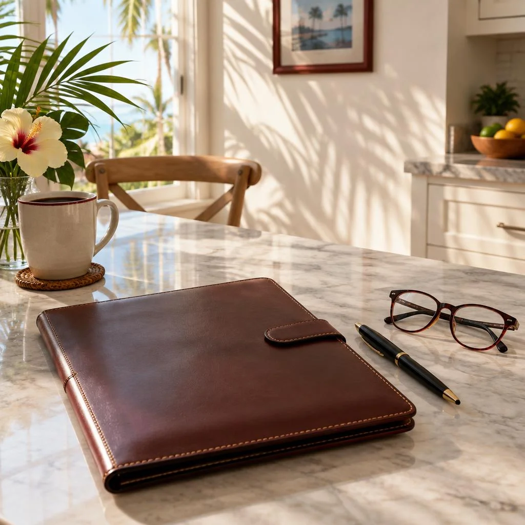 Document folder, pen and reading glasses in a Florida home