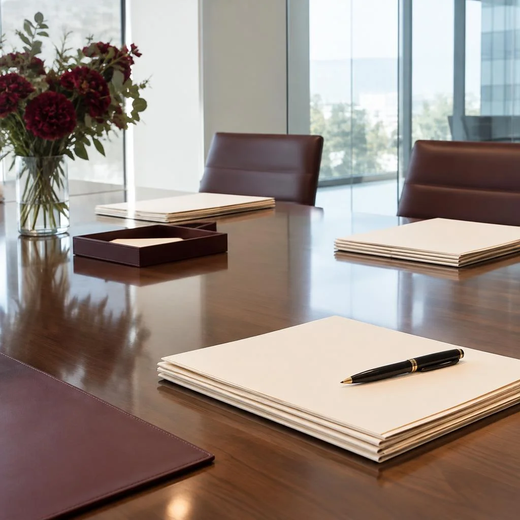 Neatly arranged documents on an office conference table