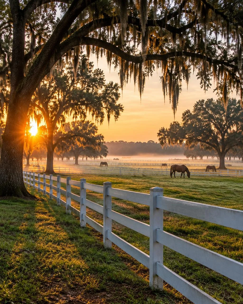Marion County horse farm with white fences at sunrise